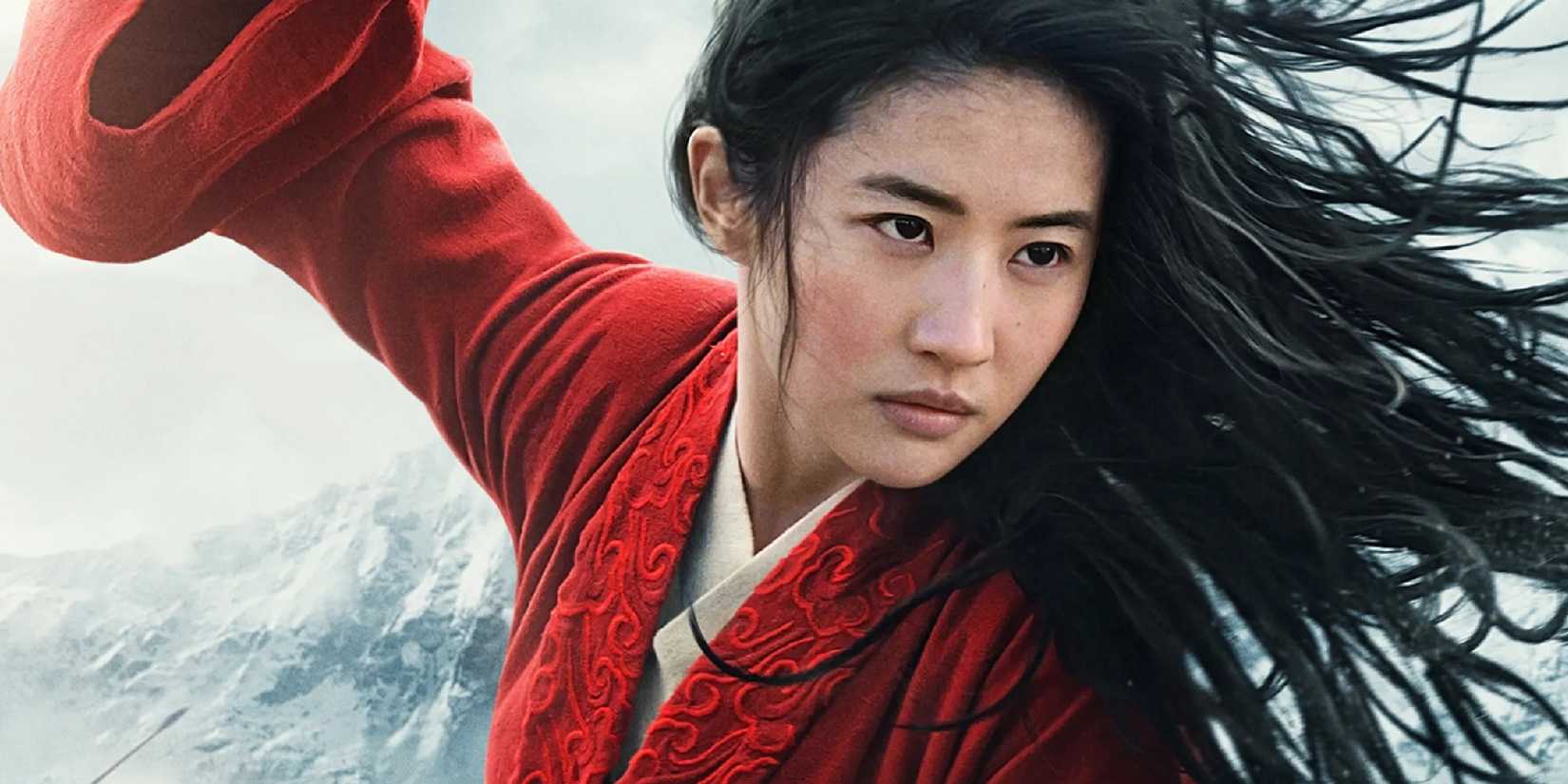 Liu Yifei as Mulan with her hair blowing in the wind