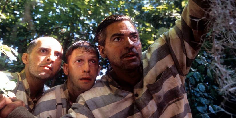 George Clooney, John Turturro, and Tim Blake Nelson hiding in 'o brother where art thou'