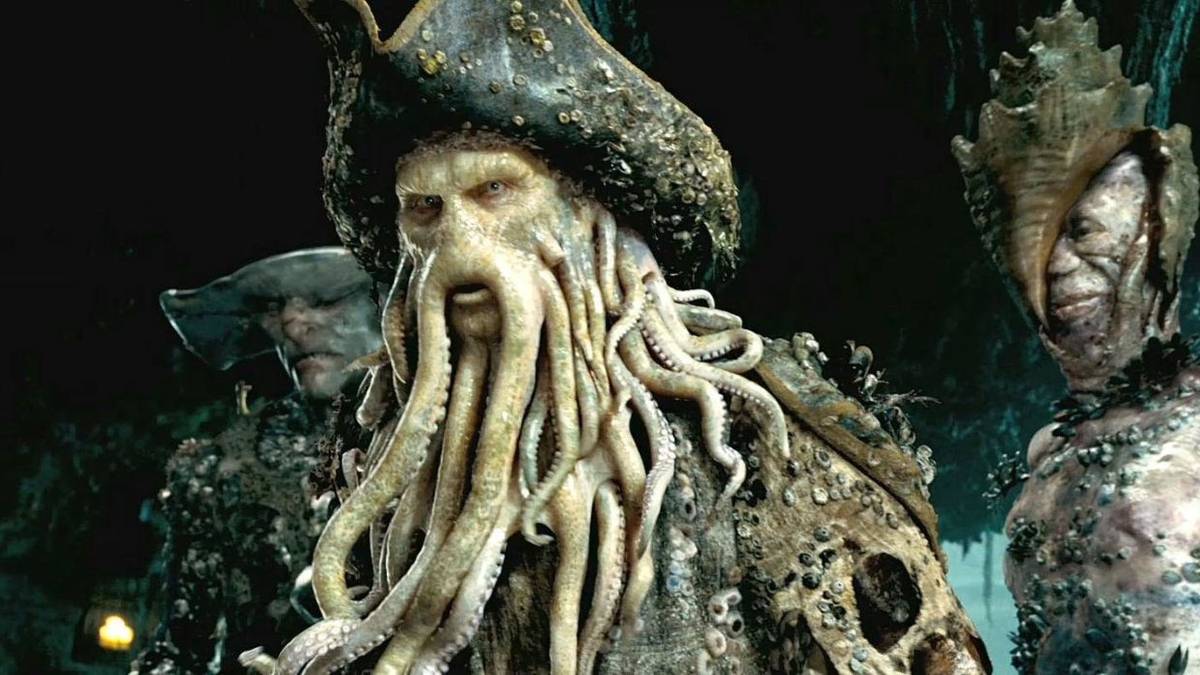 Bill Nighy as Davy Jones looking intently in Pirates of the Caribbean: Dead Man's Chest