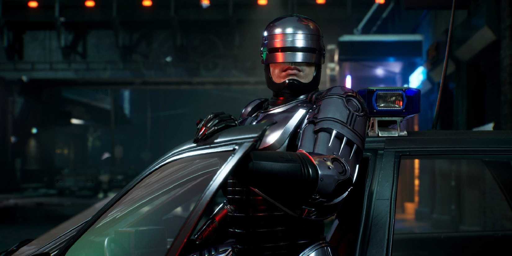 RoboCop (Peter Weller) stepping out of a car in RoboCop