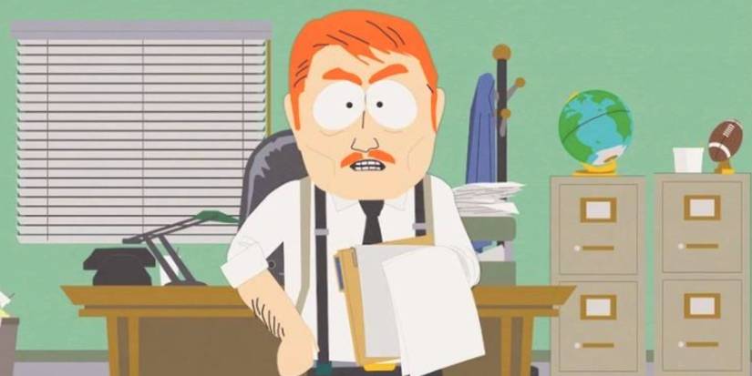 Harrison Yates berdiri di depan meja memegang kertas di South Park