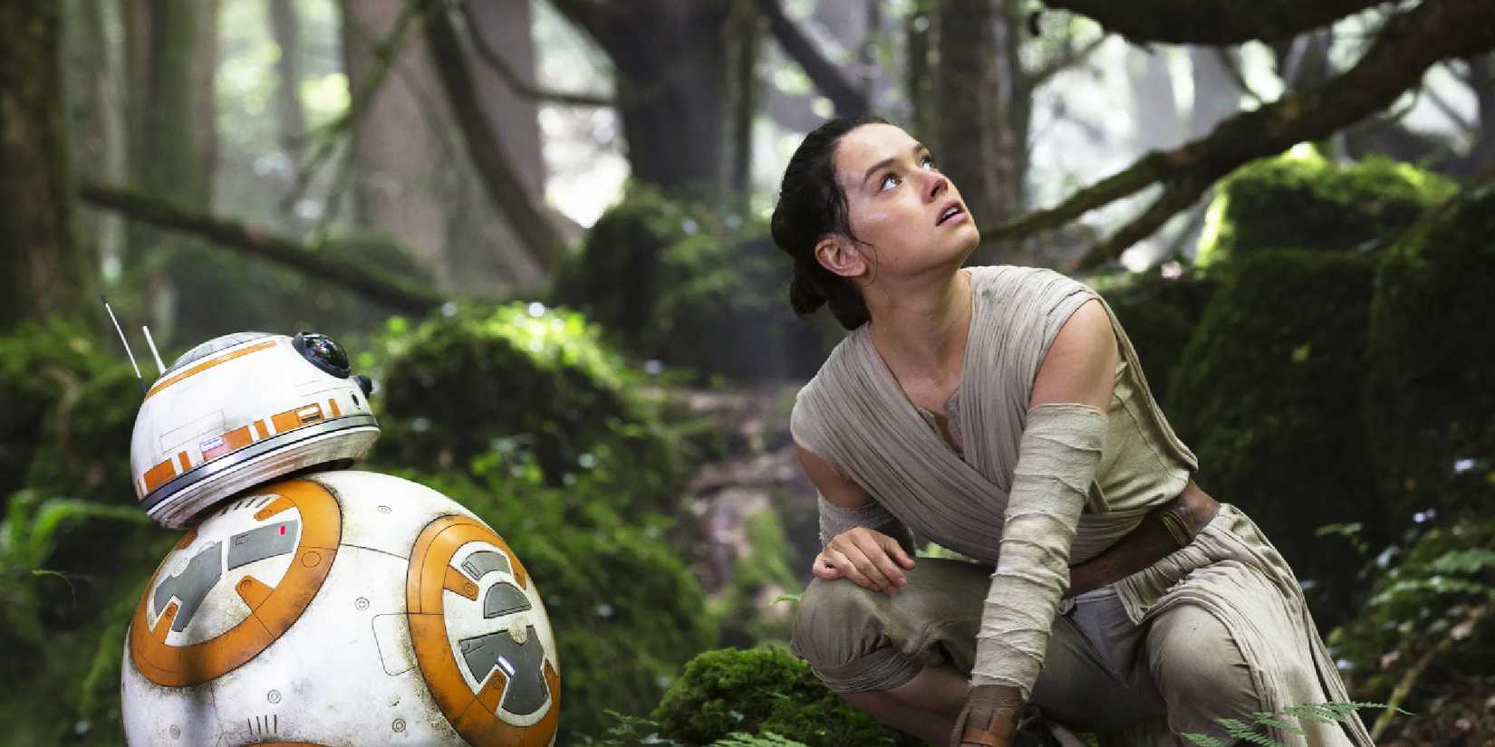 Rey kneeling next to BB8 while looking up in The Force Awakens