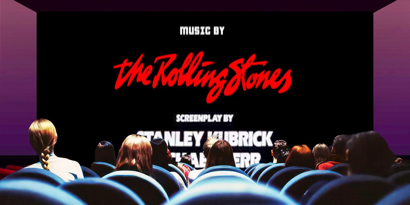 Custom image of people in a theater watching the credits of a movie roll with The Rolling Stones on the screen