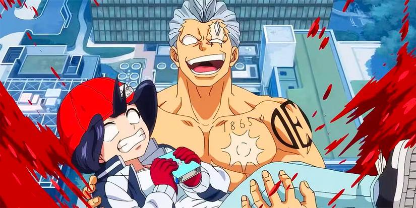 A laughing man carrying a girl in Undead Unluck