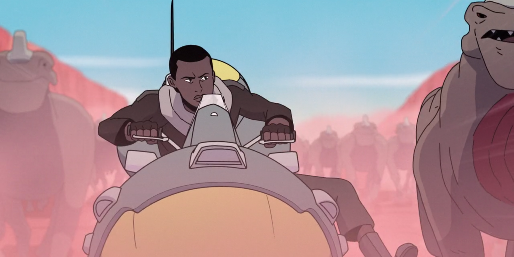Azi rides her bike through the herd on Scavengers Reign