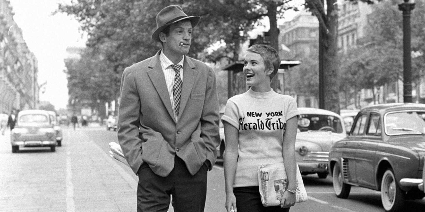 Michel Poiccard and Patricia Franchini walking side by side in Breathless