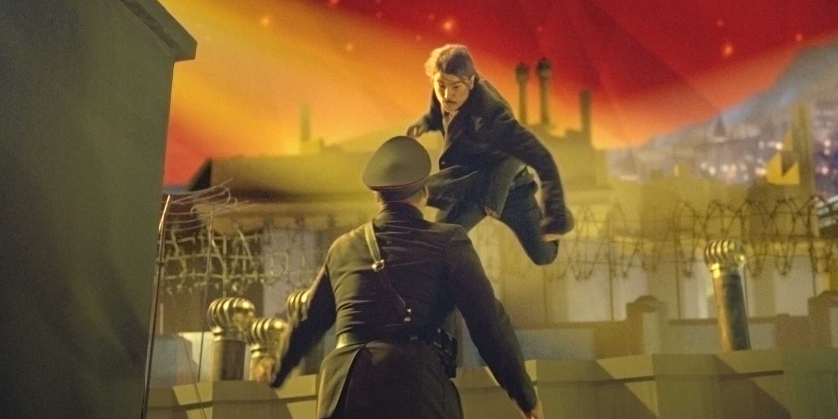 A man jumping toward a cop in Bunraku