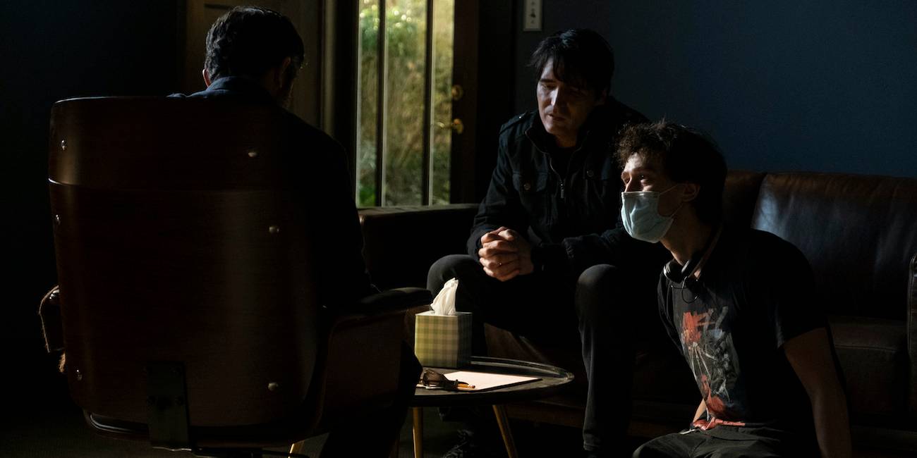 Chris Messina, David Dastmalchian, and Rob Savage on the set of The Boogeyman