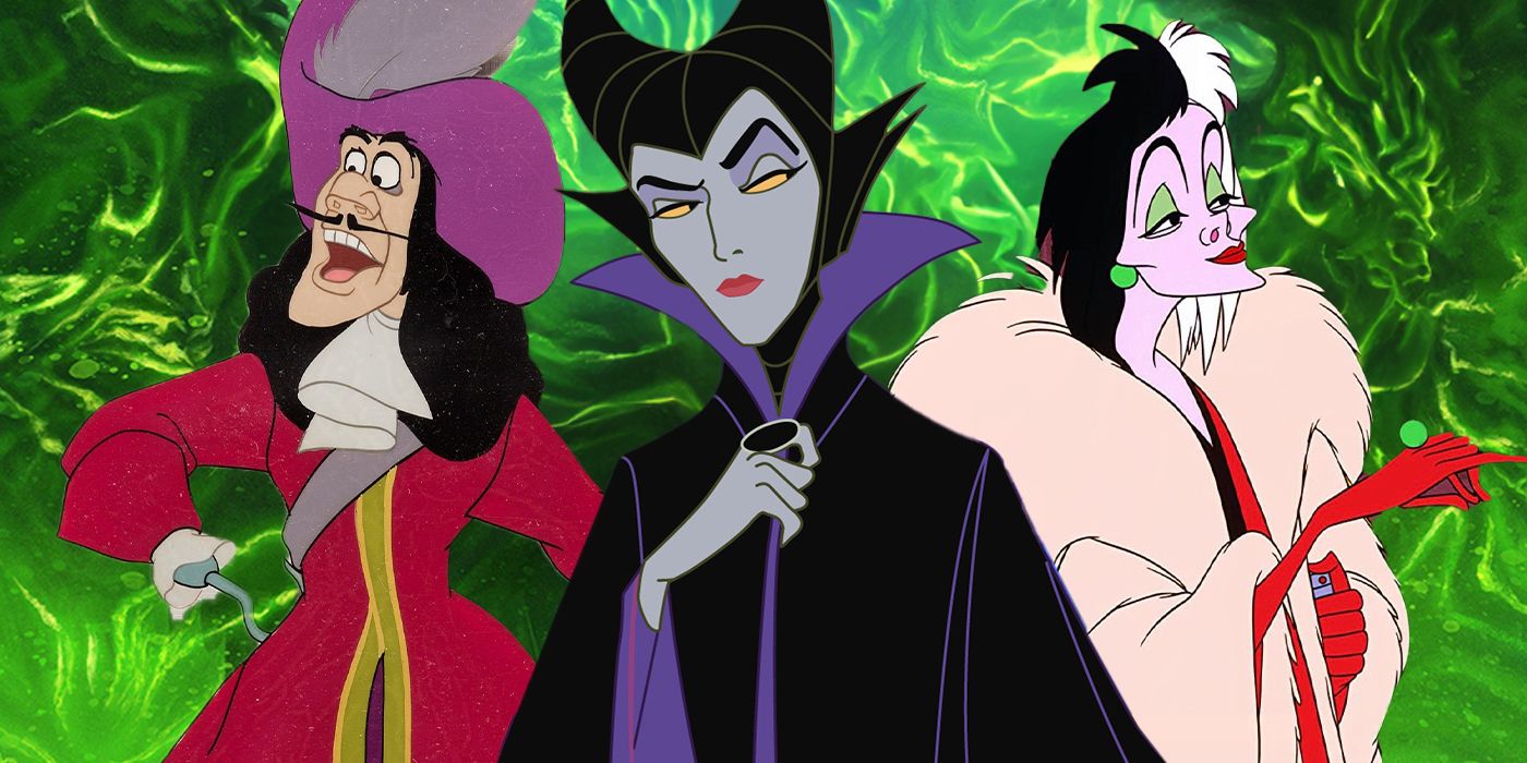 Blended image showing Captain Hook, Maleficent, and Cruella de Vil.