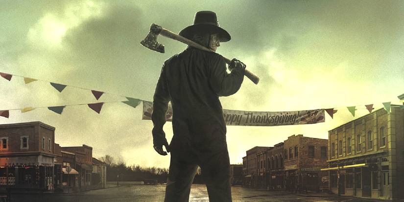 John Carver, a masked killer holding an ax, in Eli Roth's Thanksgiving poster