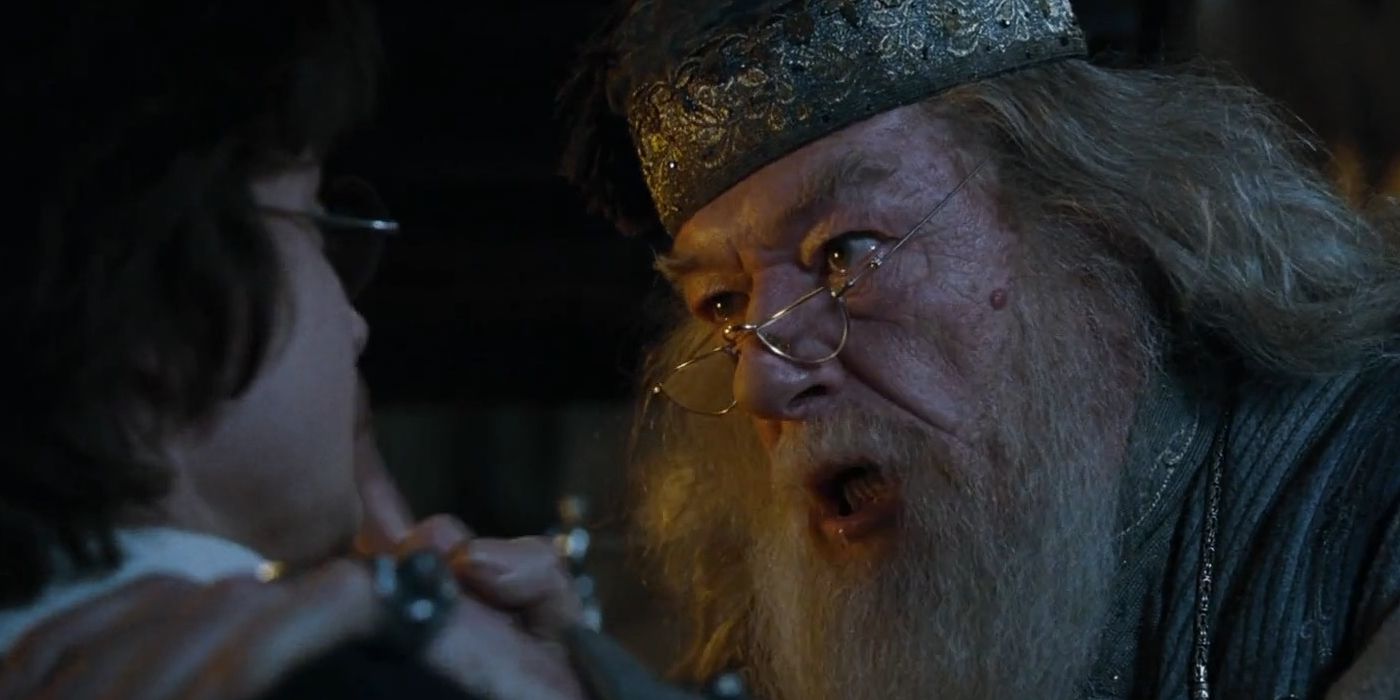 Dumbledore (Micheal Gambon) yells at Harry (Daniel Radcliffe) in Harry Potter and the Goblet of Fire