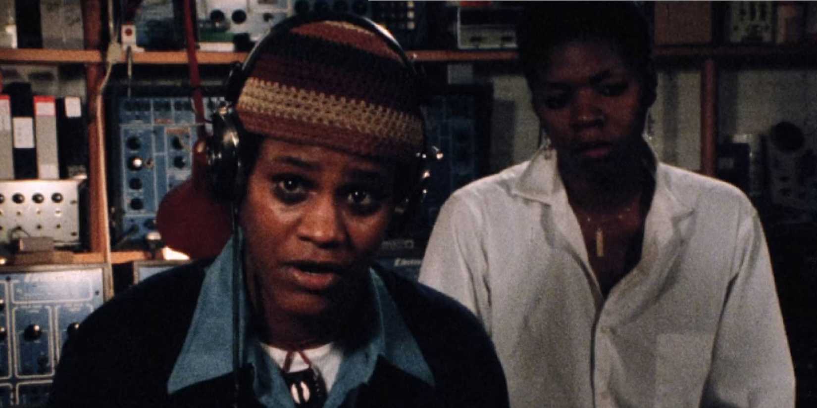 A close-up shot of Jean Satterfield in Born in Flames.