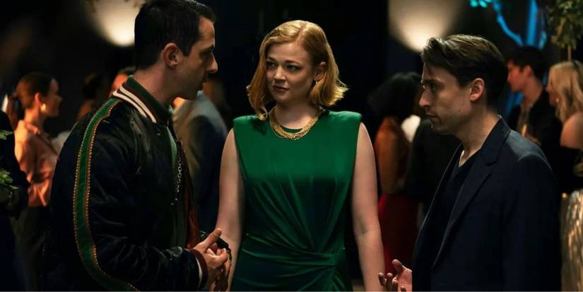 Jeremy Strong, Sarah Snook, and Kieran Culkin as Kendall, Shiv and Roman in Succession having a conversation.