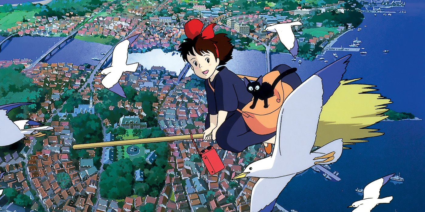 Kiki flying on her broom in Kiki's Delivery Service
