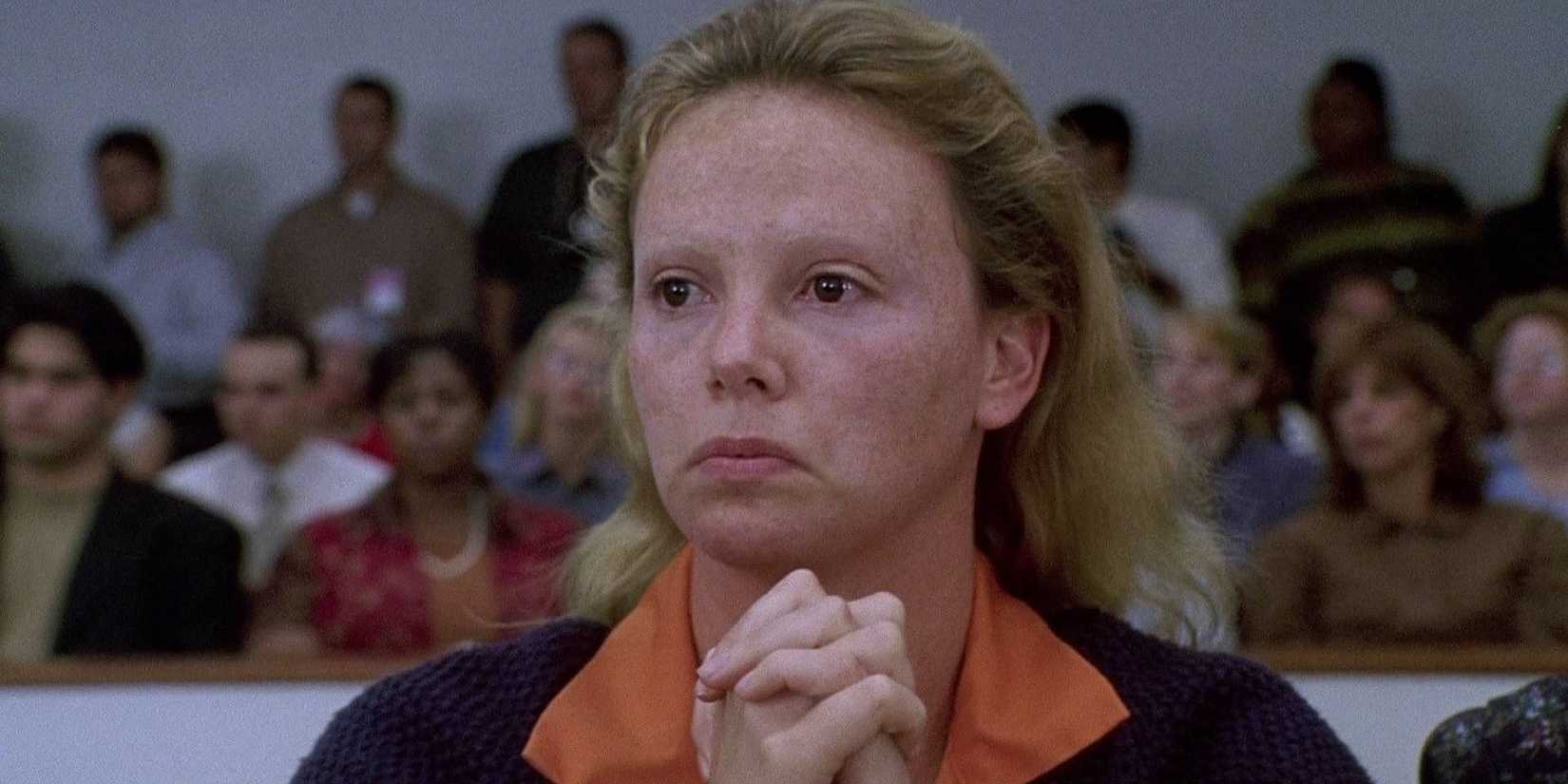 Charlize Theron as Aileen Wuornos in court in Monster