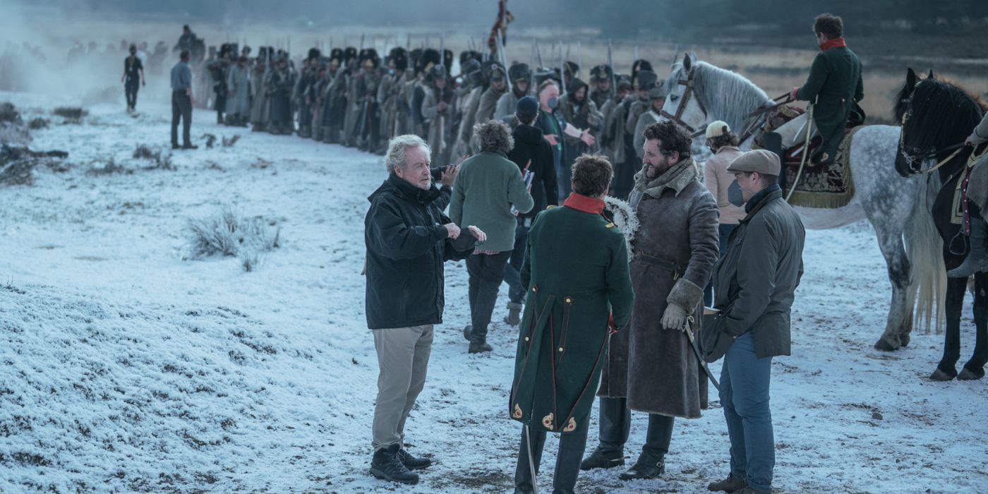 Ridley Scott directing Tahar Rahim on the set of Napoleon