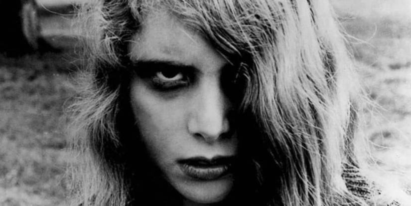 A black and white close-up shot of Kyra Schon glaring at the camera in Night of the Living Dead.
