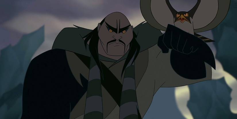 Shan Yu and his eagle looking menacing in the mountains