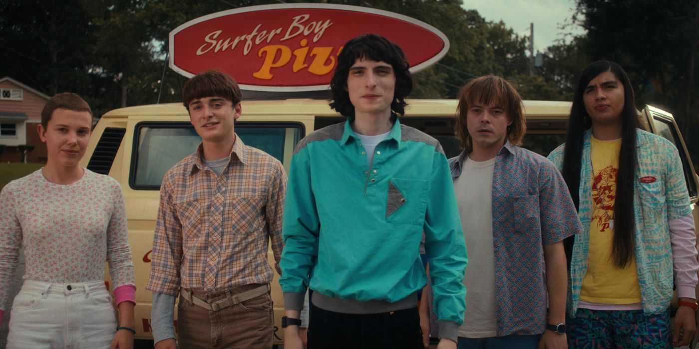 Mille Bobby Brown, Noah Schnapp, Finn Wolfhard, Charlie Heaton, and Eduardo Franco in Stranger Things 