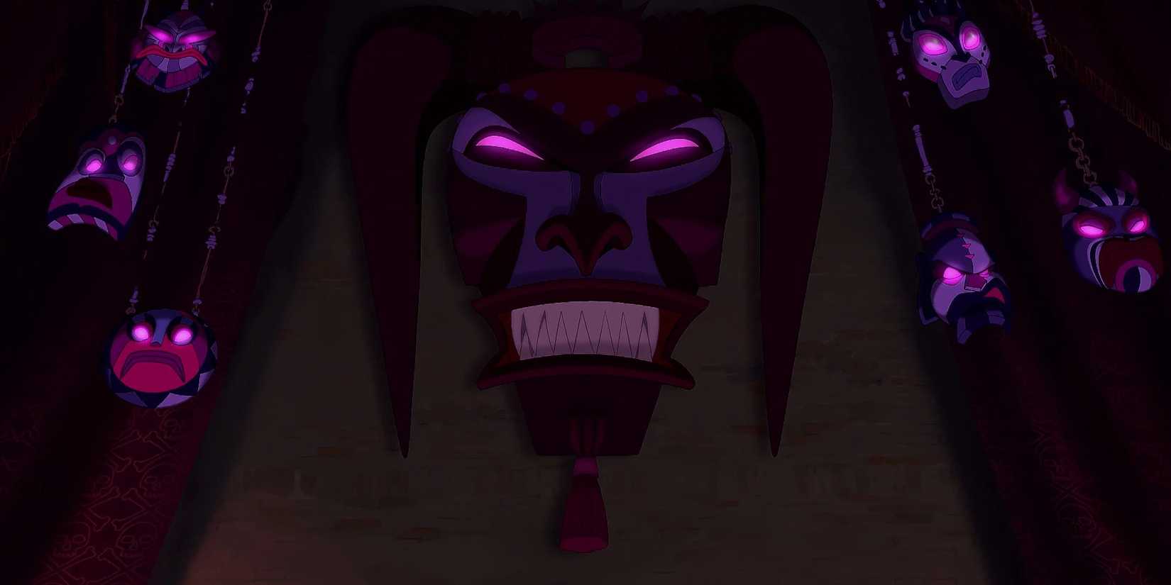 Voodoo masks from 'The Princess and the Frog' with illuminated purple eyes