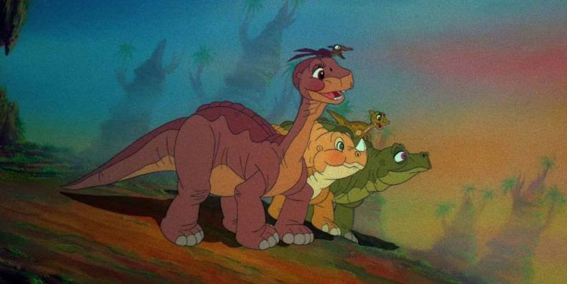 Littlefoot (Gabriel Damon), Cera (Candace Hutson), Spike (Vom Bardy), Petrie (Will Ryan), and Ducky (Judith Barsi) in The Land Before Time