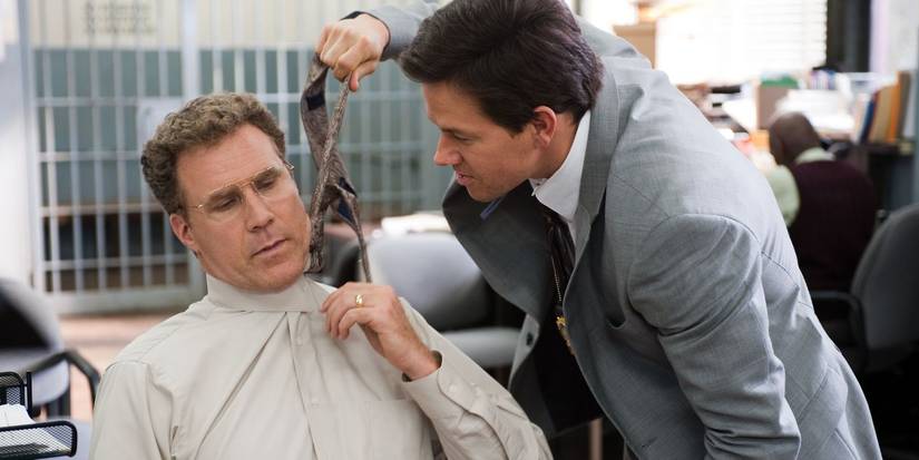 Mark Wahlberg's Terry holding Will Ferrell's Allen by the necktie in The Other Guys