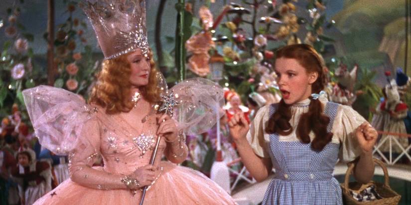 Judy Garland as Dorothy meeting Billie Burke as Glinda, the Good Witch of the North in The Wizard of Oz