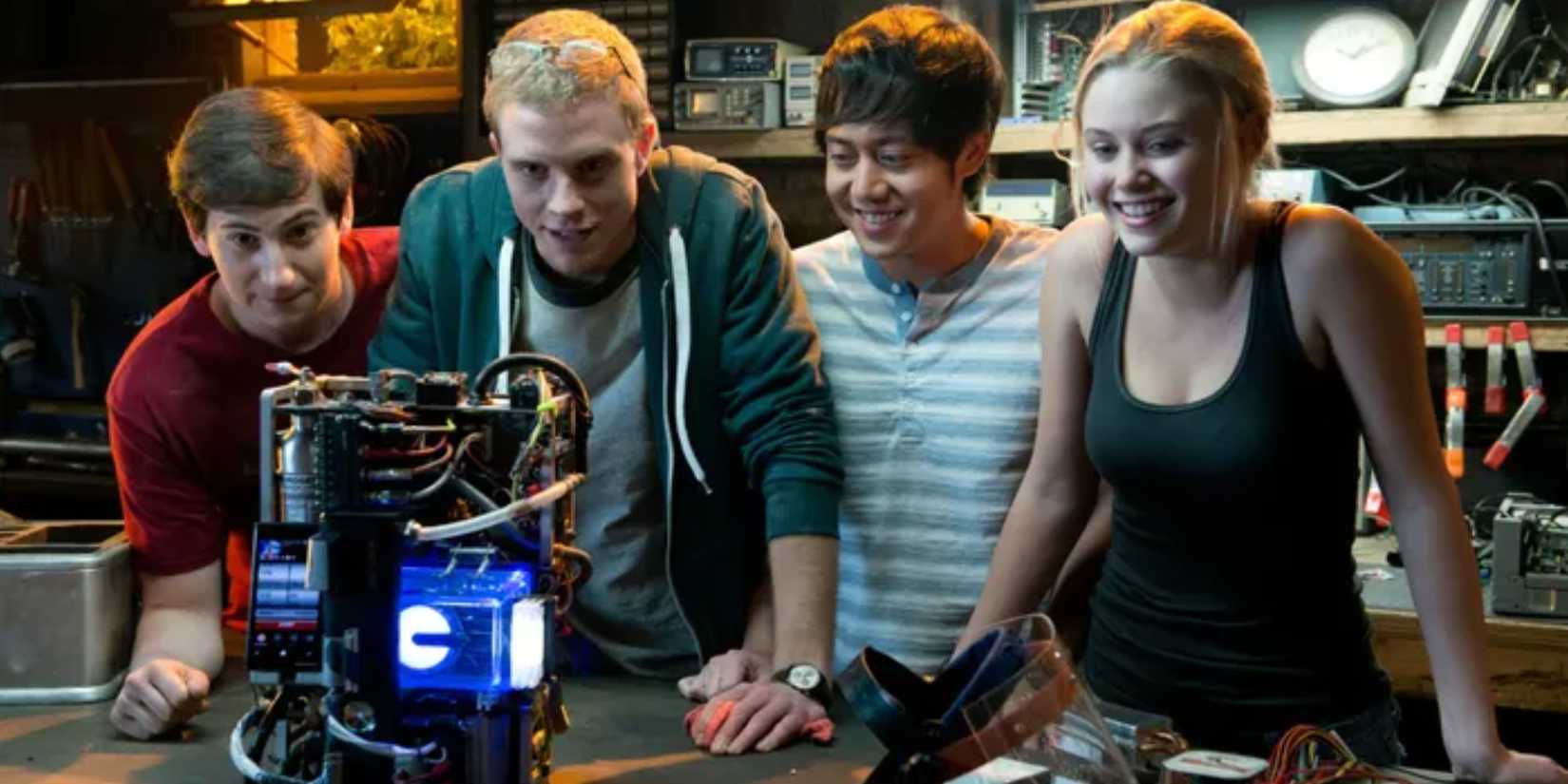 Virginia Gardner, Jonny Weston, Sam Lerner, and Allen Evangelista in 'Project Almanac'