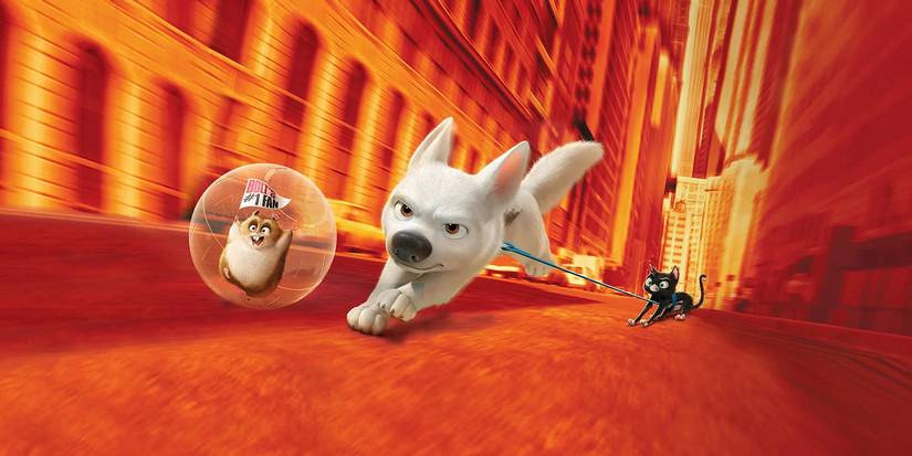 A hamster, white dog and black cat running in the Disney Bolt movie poster.