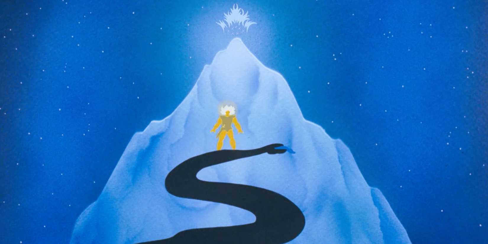 A yellow warrior at the top of a glowing blue mountain in the animated movie Son of the White Mare.