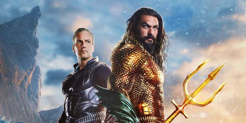 Patrick Wilson as Orm and Jason Momoa as Arthur standing back to back on an Aquaman & the Lost Kingdom poster