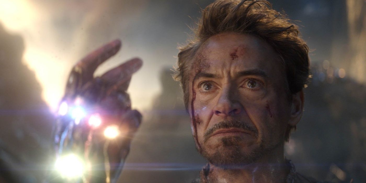 Tony Stark/Iron Man (Robert Downey Jr.) snapping his fingers while wearing an Infinity Gauntlet in Avengers: Endgame