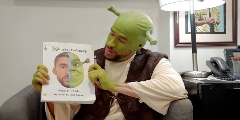 Bad Bunny is dressed as Shrek while hosting Saturday Night Live.
