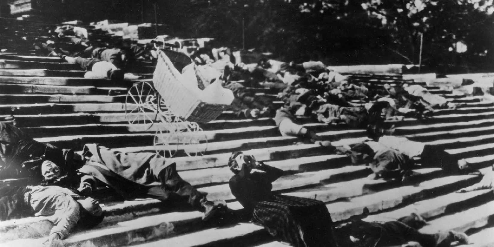 People lying on a public stairway in Battleship Potemkin.