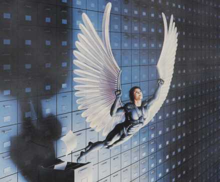 a woman with angelic wings flying away from a wall full of drawers in the poster of 'Brazil' (1985)