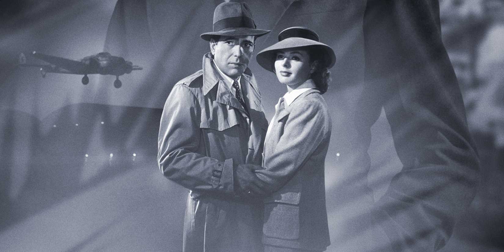 The official poster for Casablanca, featuring stars Humphrey Bogart and Ingrid Bergman holding each other as a plane flies in the distance