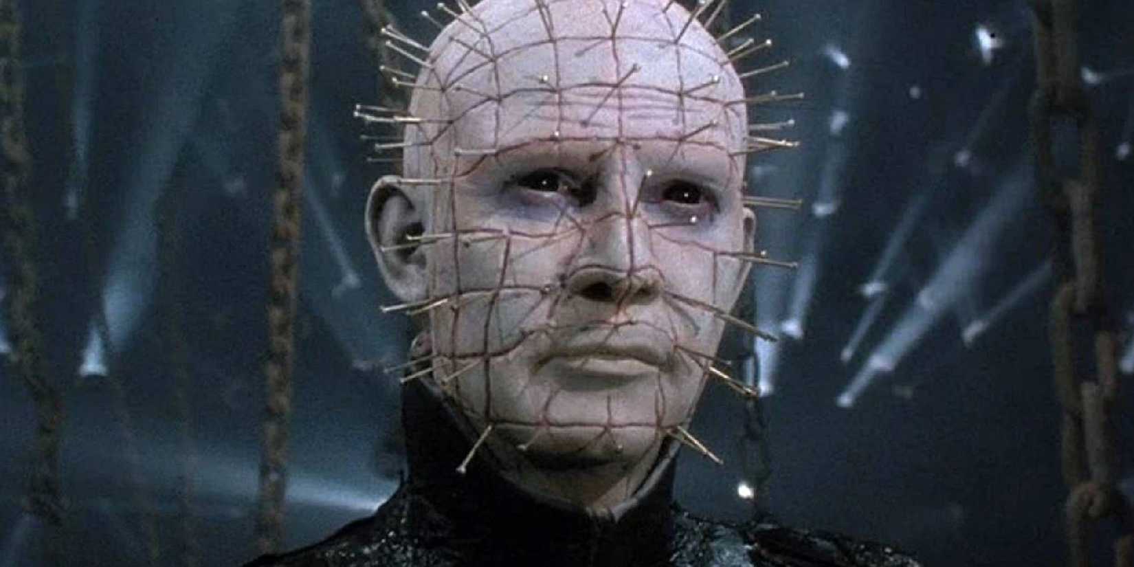 Close-up of Pinhead (Doug Bradley) in Hellraiser with pins sticking out from all over his head.