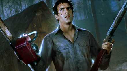 Ash Williams with a shotgun and chainsaw hand from 'Evil Dead 2'