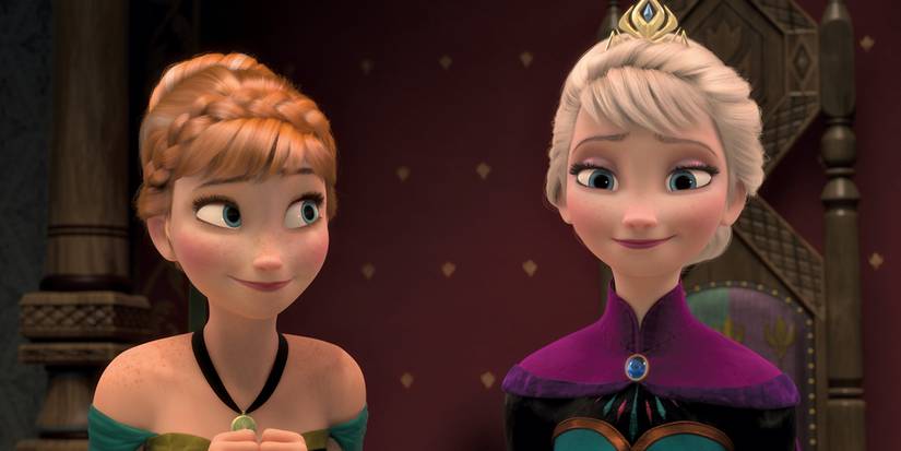 Anna and Elsa dressed for a special occasion and smiling in Frozen