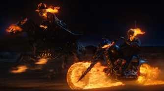 Nicolas Cage and Sam Elliott riding their horse and motorcycle in Ghost Rider Spirit of Vengeance