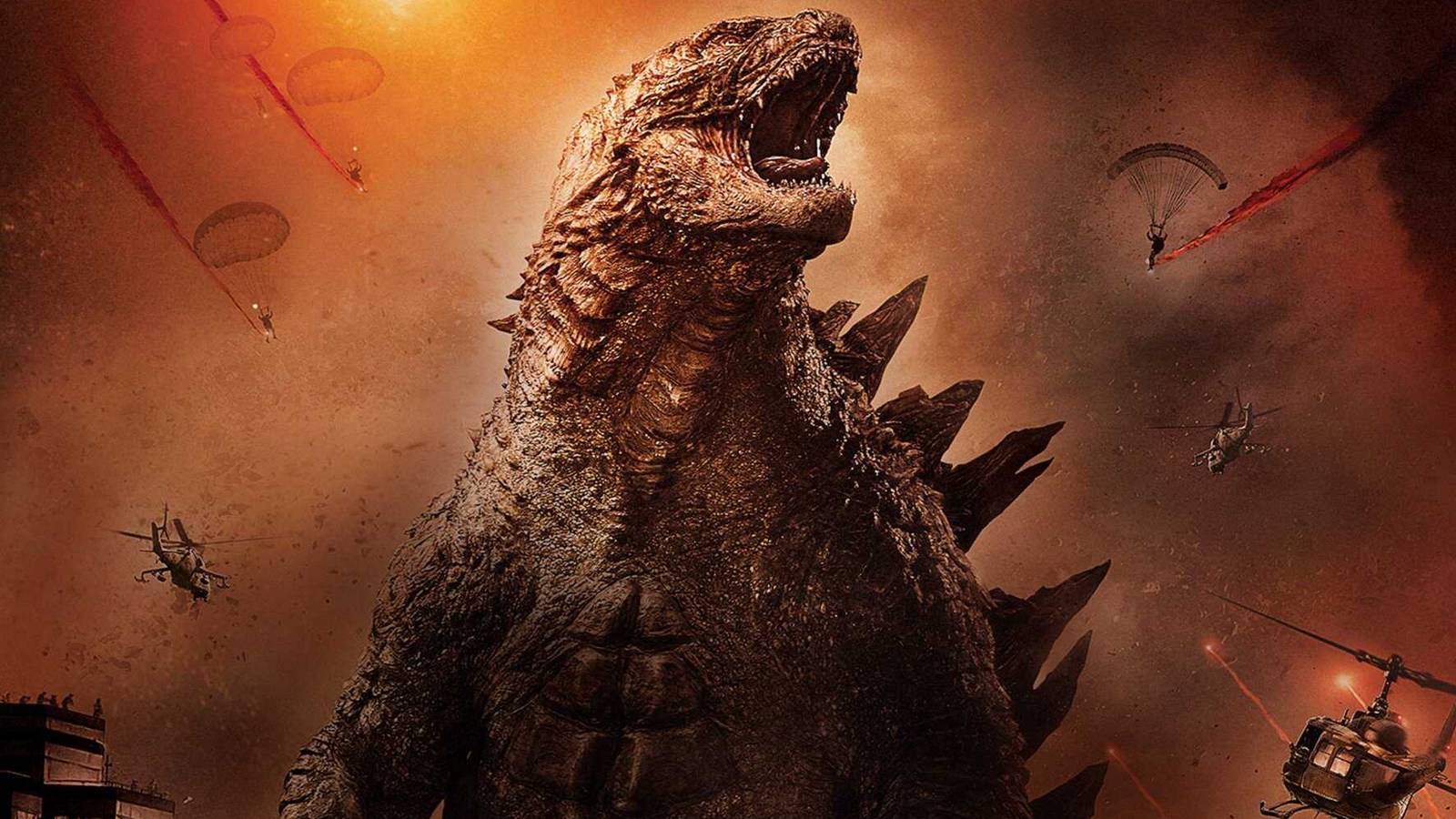 Godzilla wreaks havoc across a reddening sky in 2014's Godzilla.