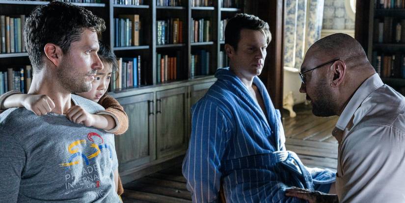 Ben Aldridge as Andrew Kristen Cui as Wen, Jonathan Groff as Eric, and Dave Bautista as L in Knock at the Cabin