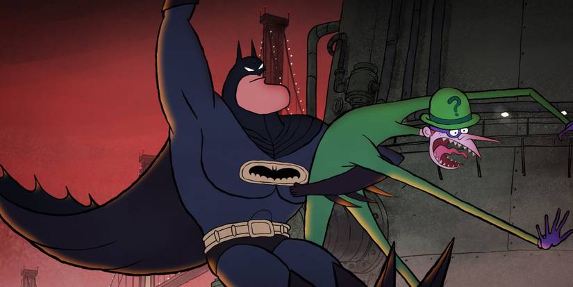 Batman swining while carrying the Riddler in Merry Little Batman