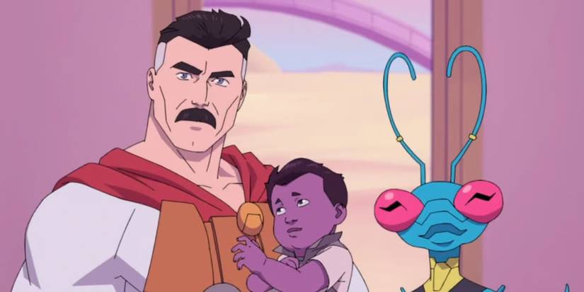 Omni-Man holding his baby with his new thraxan wife in 'Invincible'.