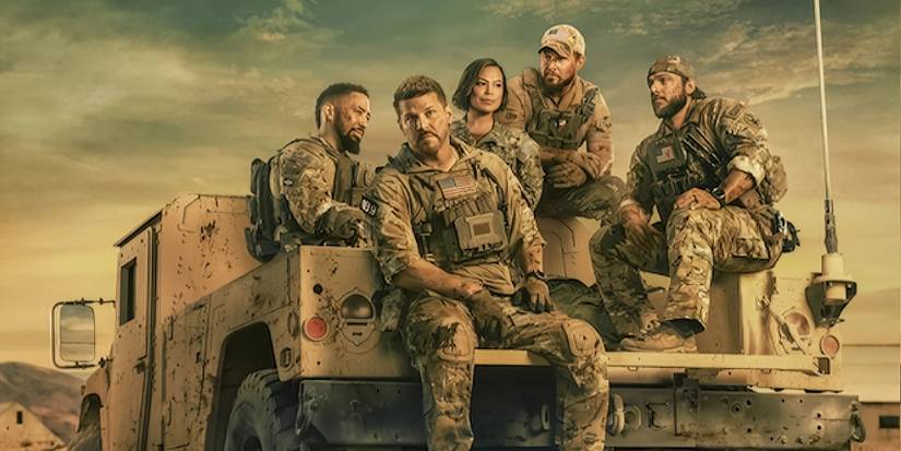 Para pemeran berpose dalam seragam militer di atas kendaraan dalam poster Tim SEAL.