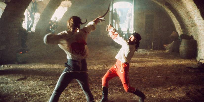 Harvey Keitel and Keith Carradine as Gabriel and Armand dueling in a barn in 'The Duellists' (1977)