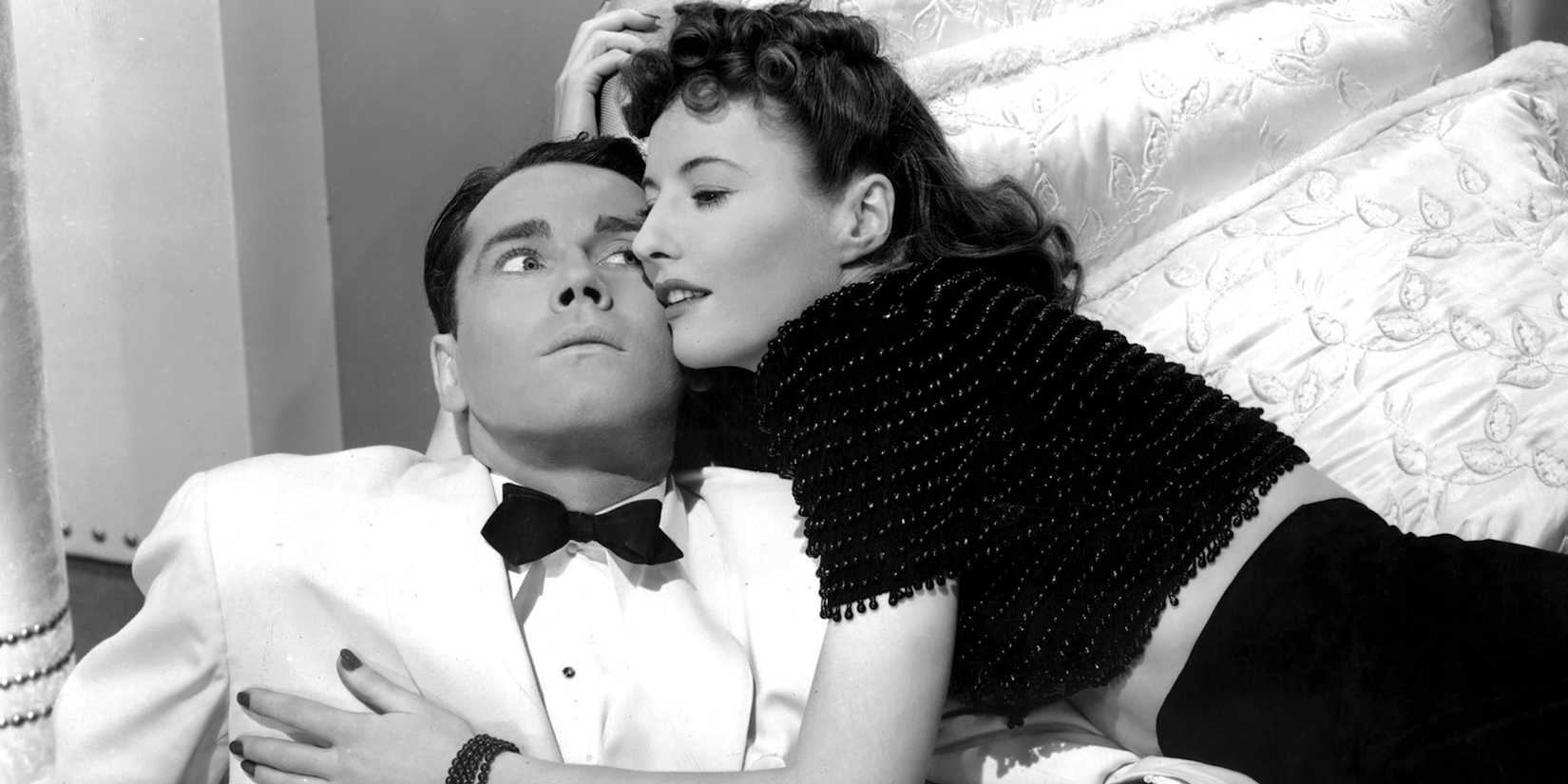 Henry Fonda and Barbara Stanwyck as Charles and Jean embracing in The Lady Eve.