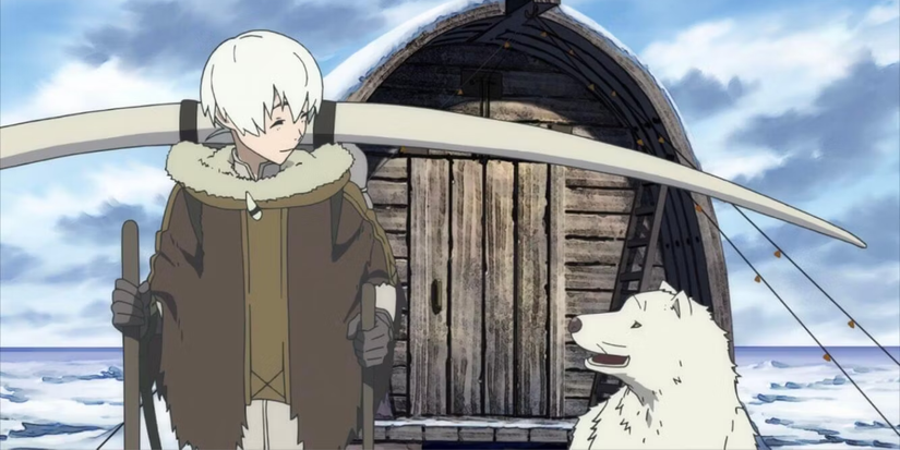 Fushi smiling at his canine companion in the anime To Your Eternity.