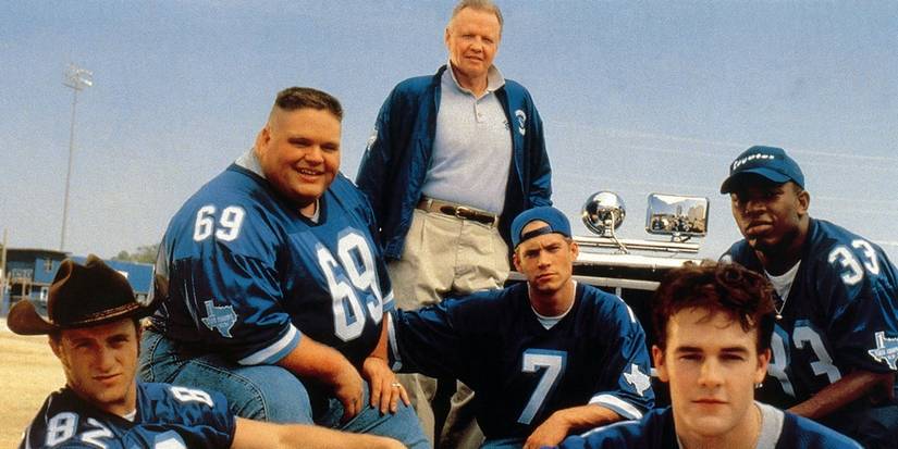 The 1999 movie Varsity Blues' cast posing and staring straight at the camera.
