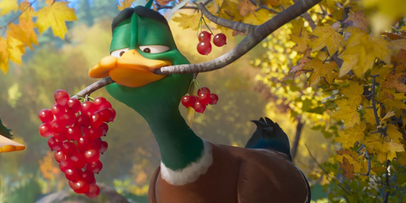 Mack Mallard voiced by Kumail Nanjiani holding a tree branch with berries in Migration